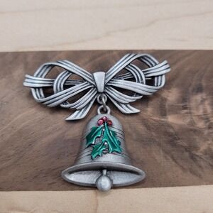 Vintage JJ‎ Jonette Christmas Bell Brooch Pin Pewter Bow With Enamel Poinsettia